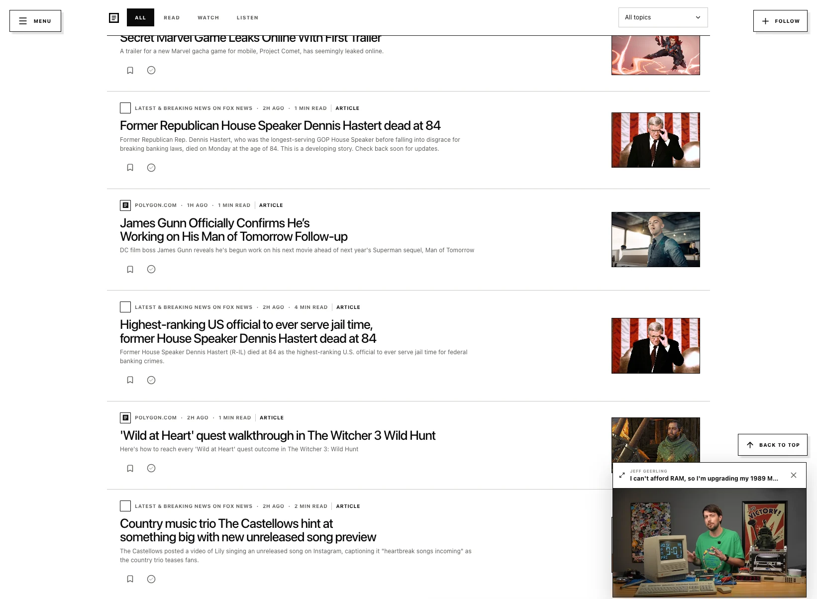 A video continues playing in the bottom-right mini player while the Today feed shows more articles.